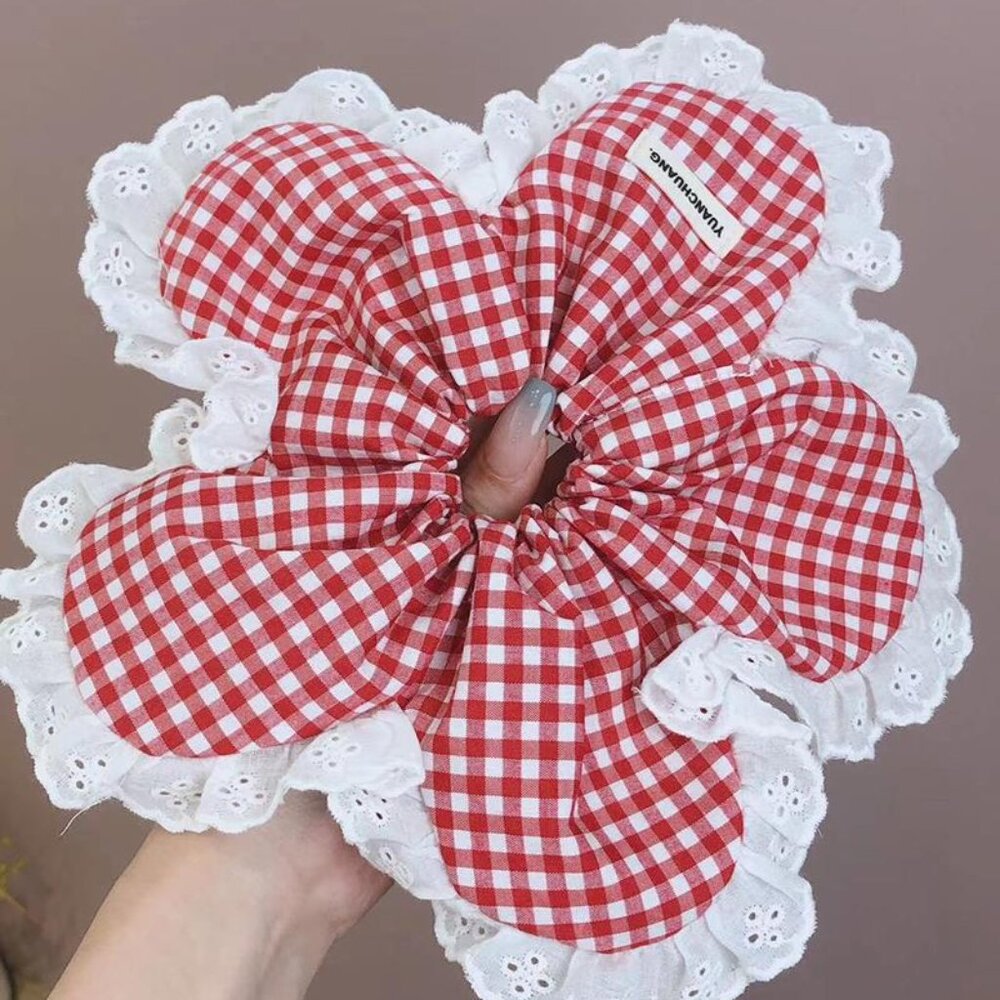 Red Gingham Ruffle Scrunchie Cottagecore Lace Hair Accessory